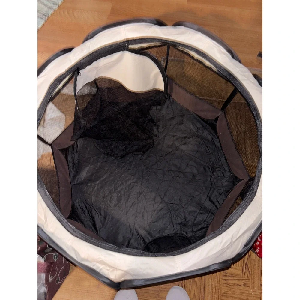 Portable Pop Up Pet Playpen Octagon Mesh Exercise Pen Brown Tan 27x18.5 Inch